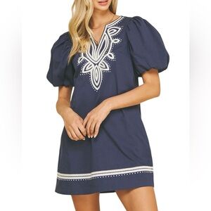 Pinch Roxanne navy v-neck white embroidered puff sleeve mini dress boho